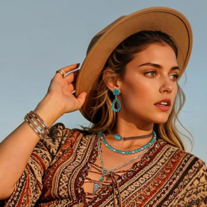 RechicGu Western Jewelry For Women Bohemian Turquoise Dangle Earrings Necklace Bracelet Set, Bullhead Pendant Layered Choker Boho Faux Leather Wristband Country Concert Cowgirl Accessories - color: Jewelry Set A