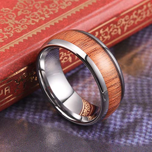THREE KEYS JEWELRY Tungsten Wedding Band Koa wood Inlay Black Domed | 4mm, 6mm, 8mm, Everyday Wear, Black, Domed, Koa wood inlay - color: Silver 8mm