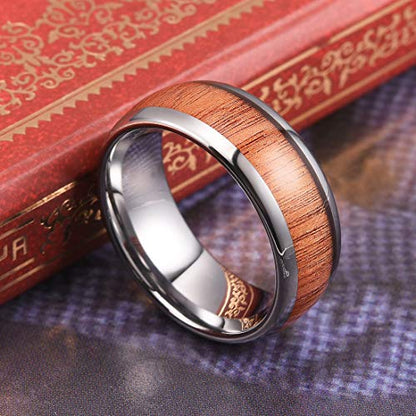 THREE KEYS JEWELRY Tungsten Wedding Band Koa wood Inlay Black Domed | 4mm, 6mm, 8mm, Everyday Wear, Black, Domed, Koa wood inlay - color: Silver 8mm