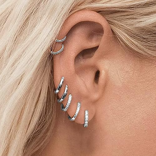 micuco 3 Pairs Small Gold Hoop Huggie Earrings Set for Women Men Tendy | 14K Gold Plated Small Huggie Hoop Earrings for Men, Tiny Cartilage Hypoallergenic Earring Set - style: D# CZ silver 8-10-12mm