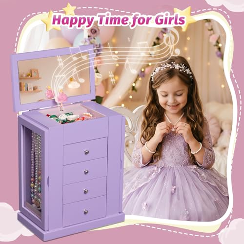 Emfogo Jewelry Box for Girls, Musical Jewelry Box with Spinning Dancer Gifts for Little Girls Christmas New Year Birthday Children's Day, 5 Layer Large Wooden Kids Music Jewelry Organizer Box(Purple) - color: Purple