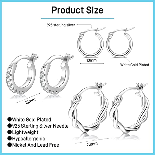 PABBEU 925 Sterling Silver Small Hoop Earrings Set for Women Hypoallergenic | 3Pairs Cubic Zirconia Small Huggie Hoop Earrings Set 13/15/20mm,Nickel-Free Lightweight Comfortable Sleeper Earrings Gift Set - color: 13/15/20mm HMT Silver