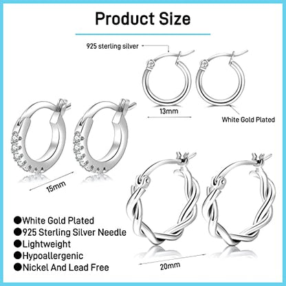 PABBEU 925 Sterling Silver Small Hoop Earrings Set for Women Hypoallergenic | 3Pairs Cubic Zirconia Small Huggie Hoop Earrings Set 13/15/20mm,Nickel-Free Lightweight Comfortable Sleeper Earrings Gift Set - color: 13/15/20mm HMT Silver