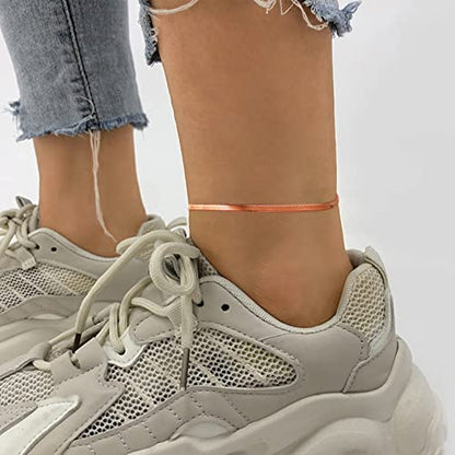 Adjustbale Link Chain Anklet for Women Summer Jewelry, 316L Stainless Steel Figaro/Wheat/Twist Rope/Cuban Foot Bracelet-Waterproof, Resizable 9"-12" (Gift Box Included) - color: 6, Herringbone - Rose Gold-3mm