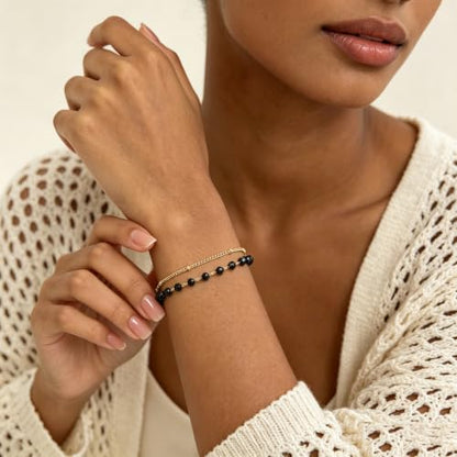 Gold Bracelets for Women Dainty 14K Gold Plated Layered Chain Bracelets Turquoise Green Aventurine Crystal Beaded Bracelets for Women - color: Black Beades