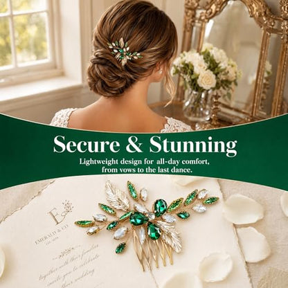 Emerald Green Hair Accessories for Women Crystal Leaf Bridal Side Comb Wedding Hair Piece with Gold Tone Design Elegant Clip for Prom Party Bridesmaid Formal Events