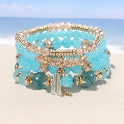 Caiyao 4Pcs Bohemia Multilayer Stackable Beaded Bracelets Set Colorful Crystal Stone Gold Beaded Stretch Bracelets Hawaii Charm Bracelet for Women Men Summer Beach Boho Vacation Jewelry Gifts - color: Blue