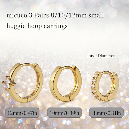 micuco 3 Pairs Small Gold Hoop Huggie Earrings Set for Women Men Tendy | 14K Gold Plated Small Huggie Hoop Earrings for Men, Tiny Cartilage Hypoallergenic Earring Set - style: M# SCZ Gold 8-10-12mm