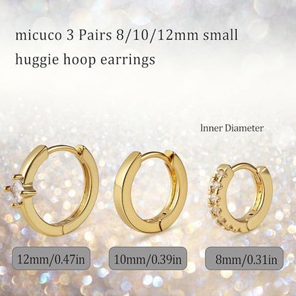 micuco 3 Pairs Small Gold Hoop Huggie Earrings Set for Women Men Tendy | 14K Gold Plated Small Huggie Hoop Earrings for Men, Tiny Cartilage Hypoallergenic Earring Set - style: M# SCZ Gold 8-10-12mm