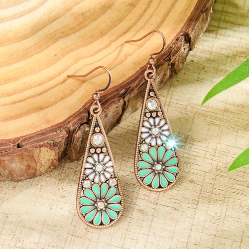 Bohemian Crystal Teardrop Dangle Earrings, Copper, Tribal Geometric Design, Handmade National Style for Women - color: Light Green