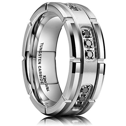 King Will Mens Tungsten Wedding Band with Cubic Zircon Inlay 7mm/8mm Flat Cut Comfort Fit Engagement Rings - color: Silver&Black-8mm