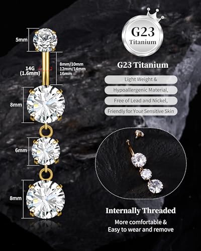 G23 Titanium Dangle Belly Button Rings for Women Sparkling CZ Navel Rings 14G Internally Threaded Belly Piercing Jewelry Teardrop Dangling Belly Rings Gold/Silver - color: Gold, size: 14MM
