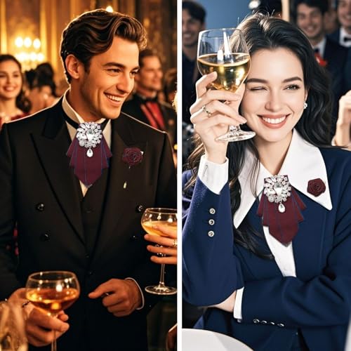 LJBFNN Bow Ties for Men Women, Pre-tied Bow Tie and Lapel Pin Set Crystal Rhinestone Bowties Men Women Wedding Party Prom - color: Red
