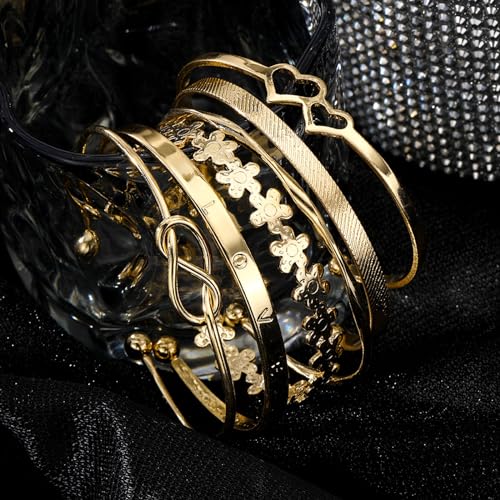 IFKM Gold Bangle Bracelets For Women, 14k Gold Plated Multi Layer Stackable Cuff Bracelet Set, Trendy Elegance Charms Non Tarnish Minimalist Textured Boho Jewelry Gift for Women - style: 6pcs LOVE Flower