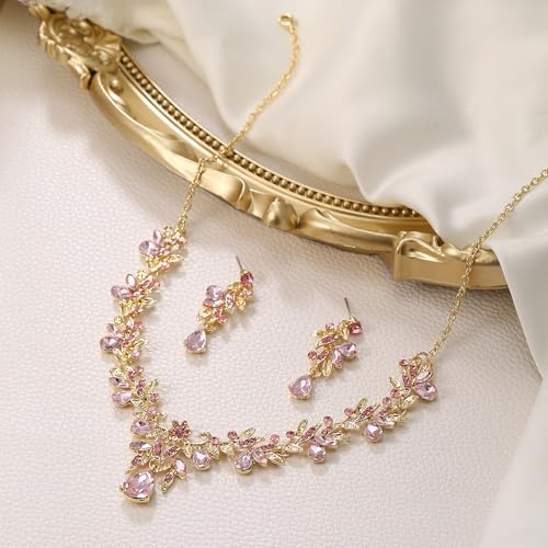 Women's Wedding Jewelry Set Leaf Flower for Bridal Prom Party | Stunning Crystal Teardrop Marquise Cluster Pendant Necklace Dangle Earrings Set for Bride Bridesmaid - color: Pink Gold-Plated-Base