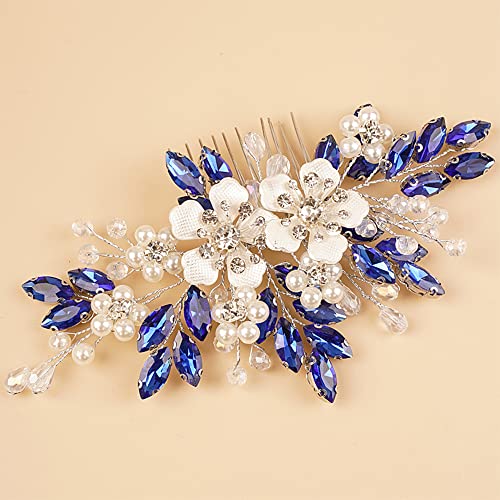 Kercisbeauty Flower Hair Comb for Women and Girls Wedding Bridal Crystal Hair Piece (Blue) - color: Blue