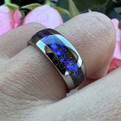 TUTISS 8mm Silver/Black/Gunmetal Tungsten Rings for Men Women Orion Nebula Opal Galaxy Fragment Inlay Fashion Jewelry Engagement Wedding Promise Band Polished Shiny Comfort Fit - color: 8mm Silver Tungsten