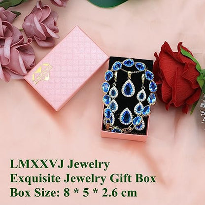 LMXXVJ Necklace Long Earrings Bracelet Set, White Gold Plated Created Blue Sapphire Jewelry Set Wedding Party Gift Jewelry for Women Bridal Bridesmaid - color: Gold-Sky Blue