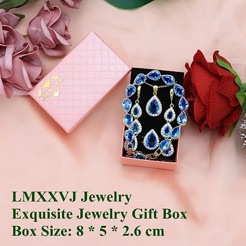 LMXXVJ Necklace Long Earrings Bracelet Set, White Gold Plated Created Blue Sapphire Jewelry Set Wedding Party Gift Jewelry for Women Bridal Bridesmaid - color: Gold-Sky Blue Ring