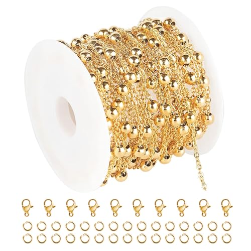Kyutong Necklace Chains for Jewelry Making Beaded Chain Roll | 16.4 Feet Gold Plated Stainless Steel Jewelry Chains Bulk with Lobster Clasps Jump Rings for Bracelet Ankle Making - color: Gold-6
