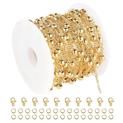 Kyutong Necklace Chains for Jewelry Making Beaded Chain Roll | 16.4 Feet Gold Plated Stainless Steel Jewelry Chains Bulk with Lobster Clasps Jump Rings for Bracelet Ankle Making - color: Gold-6