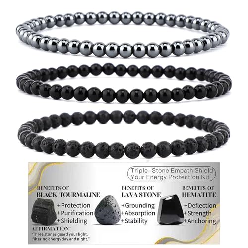 4mm 6mm 8mm Healing Crystal Bracelets for Women Men Natural Stone Beaded Stretch Bracelet Handmade Gemstone Reiki Spiritual Jewelry Gifts - color: Tourmaline+Lava+Hematite-Empath Protection, size: 4mm