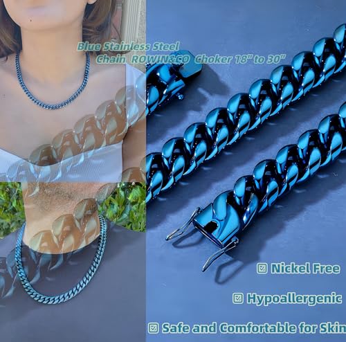 ROWIN&CO Men's Miami Cuban Link Chain 8/12/15mm Stainless Steel Blue Plated Chain Necklace, Hypoallergenic Hip Hop Jewelry, 20-30 Inch, Gift Box