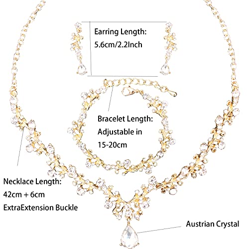3Pcs Austrian Crystal Jewelry Set for Women, Necklace Dangle Earrings Link Bracelet Jewelry Set with Gold/Platinum/Gun Plated, Wedding Party Jewelry for Bridal Bridesmaid - color: White-Gold Plated
