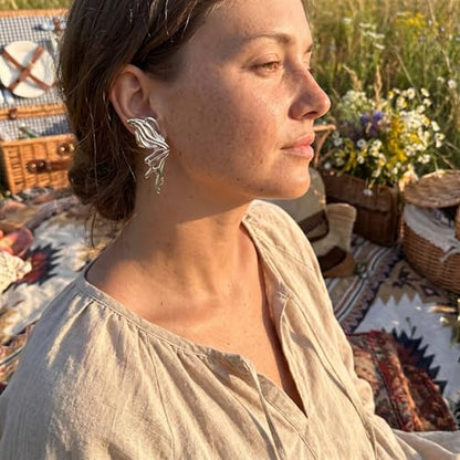 Chunky Gold Plated Flower Statement Drop Earrings for Women | Hypoallergenic 18K Gold Plated Textured Petal Wing, Large Statement Dangle Earrings for Wedding Party - color: Silver Butterfly-1