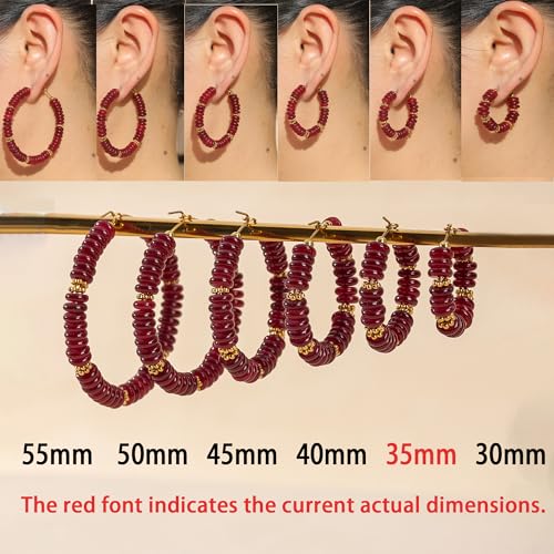 Wellike Beaded Hoop Earrings for Women Natural Stone Pink Gold Huggie Earrings Hypoallergenic Dainty Waterproof Trendy Jewelry - color: Burgundy, size: 35mm