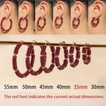 Wellike Beaded Hoop Earrings for Women Natural Stone Pink Gold Huggie Earrings Hypoallergenic Dainty Waterproof Trendy Jewelry - color: Burgundy, size: 35mm
