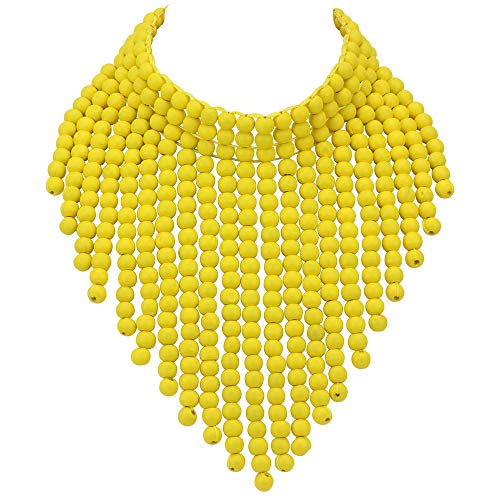 Coiris Boho African Wooden or Acrylic Beaded Bib Statement Necklace Strands Layered Cluster Chunky Collar Choker Wood Necklace for Women Fashion Costume Jewelry - color: Yellow