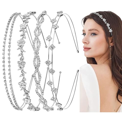 Rhinestone Headbands for Women Silver Bridal Headband Crystal Headpiece | Flower Leaf Girl Tiara Crown Head Band Wedding Hair Accessories for Girls, 4 Pcs - color: Silver
