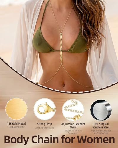 Hypoallergenic Waterproof 18K Gold Body Chain: Dainty 316L Surgical Stainless Steel Jewelry for Women Fashion, Cute Belly Waist Chain for Chest Stomach Hip Bikini Belt