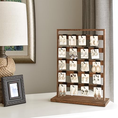 Ikee Design 5 Tiers Free Assemble Wooden Jewelry Display Rack with 20 Removable Metal Hooks,Earring Card Display Stand,Jewelry Organizer,Bracelet Organizer,Keychain Display Stand,Brown Color | Wooden 5 Tiers Jewelry Display Rack with Hooks: Comes with 20
