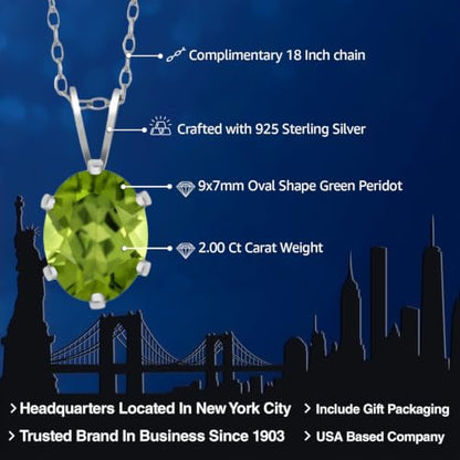 Gem Stone King 2.00 Cttw Green Peridot Pendant Necklace for Women | 925 Sterling Silver | Gemstone Birthstone | Oval 9X7MM | With 18 Inch Silver Chain