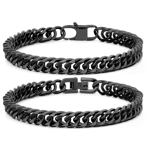 2PCS Cuban Link Bracelet, Silver Gold Black Sturdy 316L Stainless Steel Cuban Link Chain for Men Jewelry Set with Gift Message Card 8mm, 7/8/9 Inches - color: Black, size: 8 inches