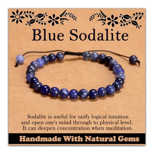 468Handmade Adjustable Natural Gemstone Crystal Bracelet Healing Power Energy Inspirational Gifts with Card for Unisex - color: 08-Blue Sodalite(Wisdom), size: 6mm