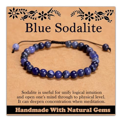 468Handmade Adjustable Natural Gemstone Crystal Bracelet Healing Power Energy Inspirational Gifts with Card for Unisex - color: 08-Blue Sodalite(Wisdom), size: 6mm