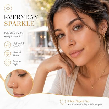 20G Nose Rings for Women, L Shaped Nostril Piercing Studs | 316L Stainless Steel, 0.8 mm×7 mm, 2 mm CZ or 3-4 mm Heart, Star, Moon and Cross, Gold-Tone or Silver-tone, Daily Wear - style: Sunlight Gold