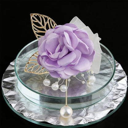 Handmade Elegant Red Rose Flower Brooch Pin for Women Crystal Pearl Fabric Flower Lapel Pin Dress Suit Accessories - color: Purple B