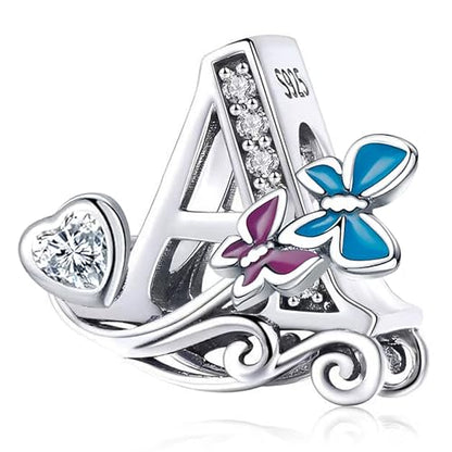 S925 Silver Butterfly Initial Letter Charms Fit for Pandora Charms Bracelets and Necklace Alphabet Bead Charms Jewelry Gifts for Women - color: A