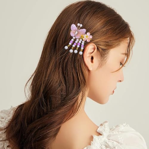 A Pair Wedding Hair Clips, Handmade Floral Design Crystal Hair Clips Pearl Barrettes, Rhinestones Flower Clips Pearl Headpieces Hair Pins Hair Accessories for Women Girls (Purple&Pink) - color: Purple&Pink
