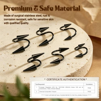 Spike Nose Rings Spiral Lip Rings Stainless Steel Black Long Spike Earrings | Cartilage Helix Piercing Punk Spike Lower Labret Studs Piercing Jewelry - color: Bar Length:8mm