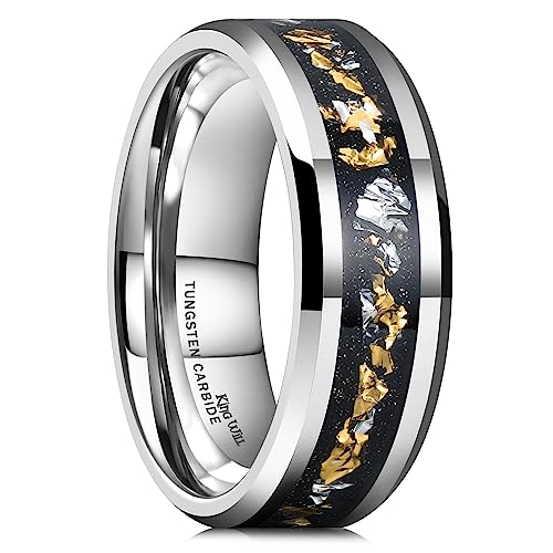 King Will Mens Wedding Band with Foils Inlay, Black/Silver/Gold Beveled Edge Glowstone Ring, 6mm/8mm Tungsten Carbide Rings Comfort Fit - color: Silver&Gold+Silver-8mm