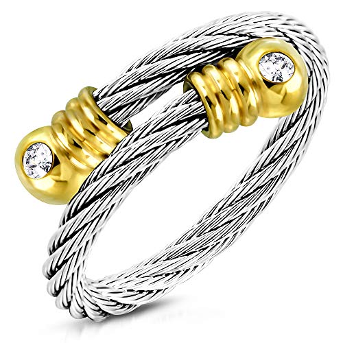 555Jewelry Stainless Steel Twisted Cable CZ Adjustable Open Ring for Women & Ladies - color: Silver & Gold