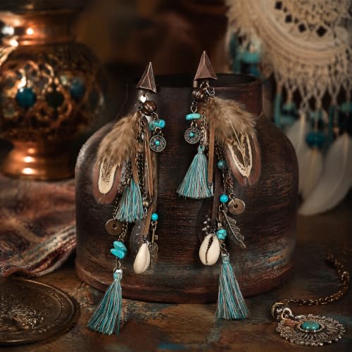 Boho Feather Tassel Earrings,Ethnic Vintage Bohemian Retro Turquoise Beaded Dangle Drop Earrings,Long Vintage Shell Statement Jewelry Gift Country Concert and Summer Festival Accessories