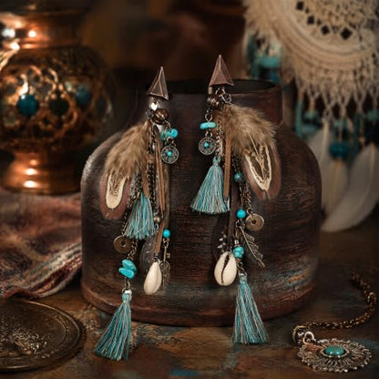Boho Feather Tassel Earrings,Ethnic Vintage Bohemian Retro Turquoise Beaded Dangle Drop Earrings,Long Vintage Shell Statement Jewelry Gift Country Concert and Summer Festival Accessories