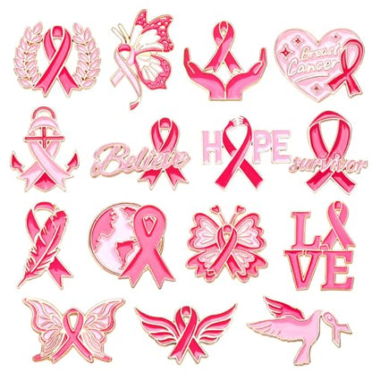 SANNIX Breast Cancer Awareness Pins, 15Pcs Pink Ribbon Lapel Pins Breast Cancer Brooch Badge for Breast Cancer Survivor Month Clothing Bag Hat Accessories - style: Breast Cancer Pin