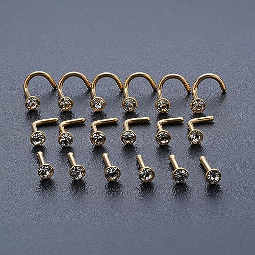 20G & 18G Nose Rings - Black, Silver & Gold Stainless Steel Studs & Screws - L Shaped & Bone Nose Rings Set - Clear CZ Nostril Piercing Jewelry - color: Gold: 3mm White CZ/ Nose Screw/ 18G/ 6Pcs
